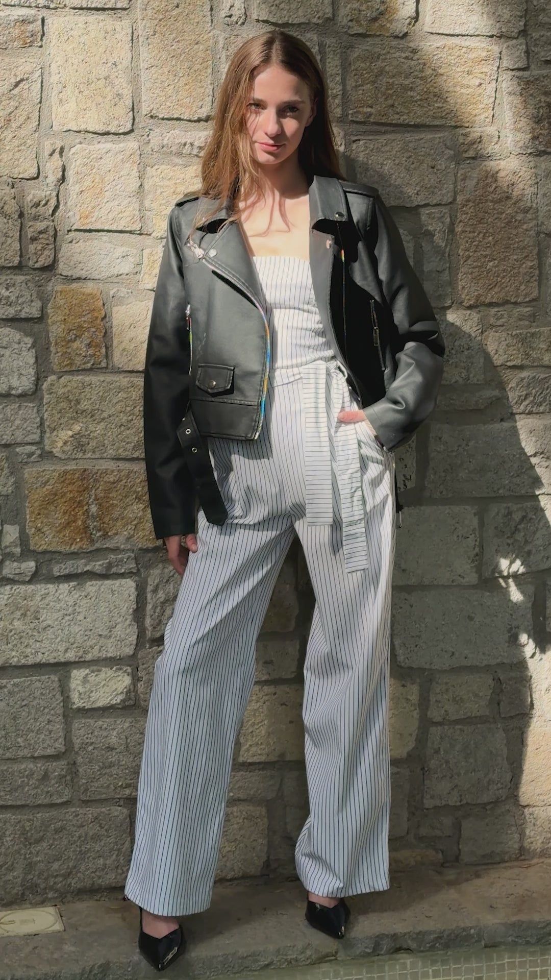 Jumpsuit strapless rayas detalle laso BLANCO COMBO